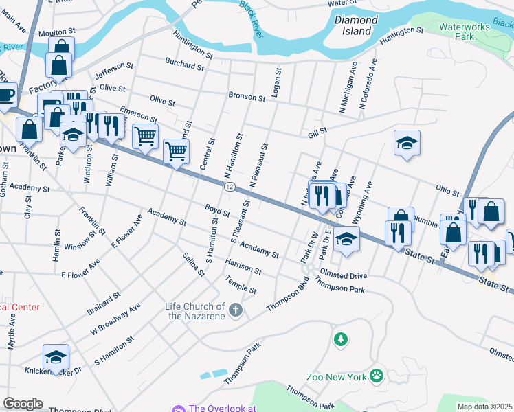 map of restaurants, bars, coffee shops, grocery stores, and more near 1129 Boyd Street in Watertown