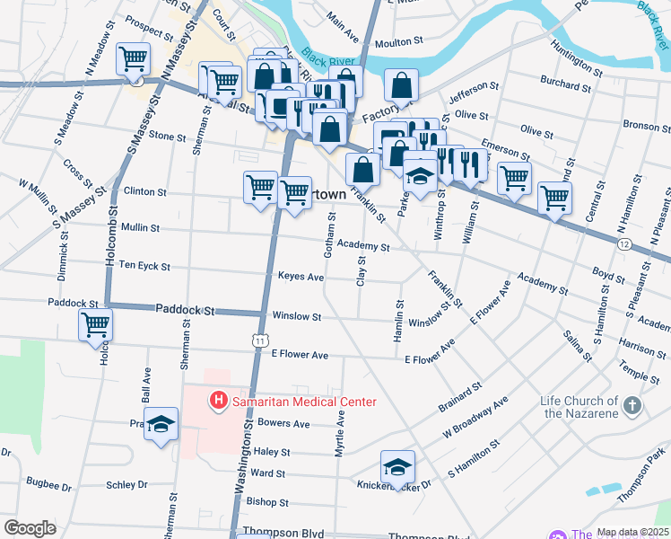 map of restaurants, bars, coffee shops, grocery stores, and more near 204 Keyes Avenue in Watertown