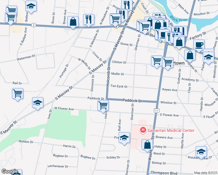map of restaurants, bars, coffee shops, grocery stores, and more near 521 Holcomb Street in Watertown