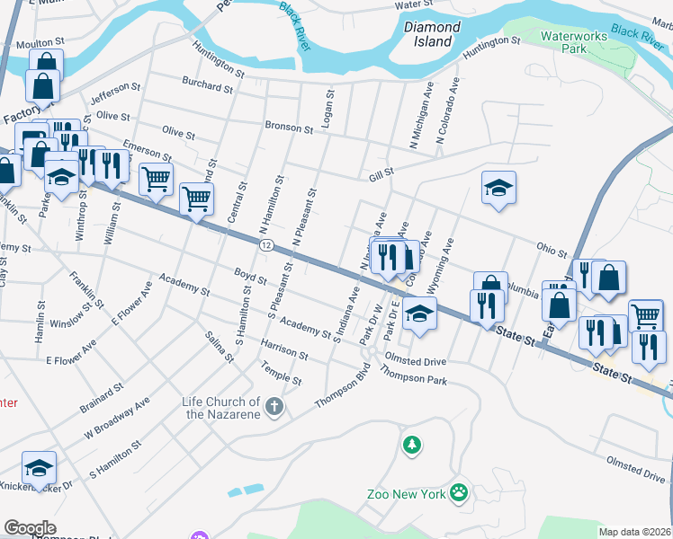 map of restaurants, bars, coffee shops, grocery stores, and more near 1146 State Street in Watertown