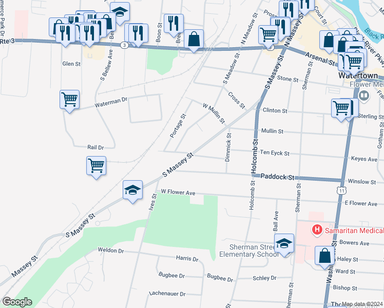 map of restaurants, bars, coffee shops, grocery stores, and more near Massey Street South & Ten Eyck Saint West in Watertown