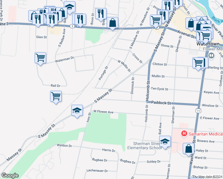 map of restaurants, bars, coffee shops, grocery stores, and more near South Massey Street in Watertown