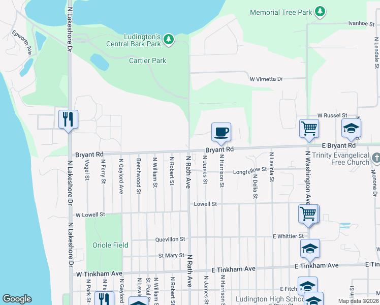 map of restaurants, bars, coffee shops, grocery stores, and more near 1035 North Rath Avenue in Ludington