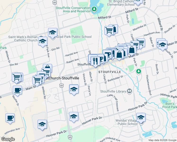 map of restaurants, bars, coffee shops, grocery stores, and more near in Whitchurch-Stouffville