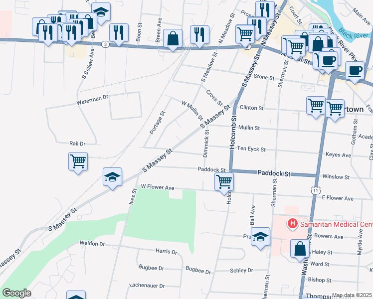 map of restaurants, bars, coffee shops, grocery stores, and more near 439 West Ten Eyck Street in Watertown