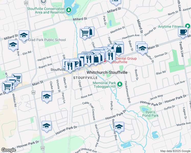 map of restaurants, bars, coffee shops, grocery stores, and more near 72 Market Street in Whitchurch-Stouffville