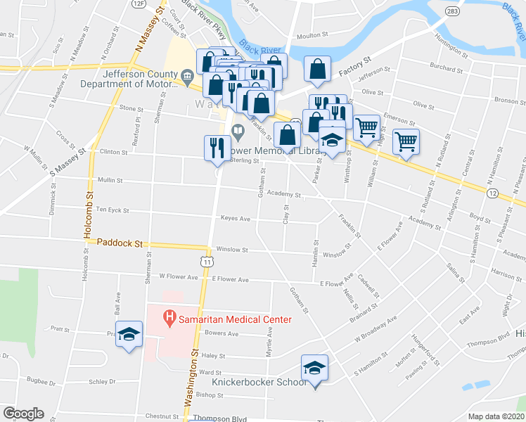 map of restaurants, bars, coffee shops, grocery stores, and more near 204 Keyes Avenue in Watertown
