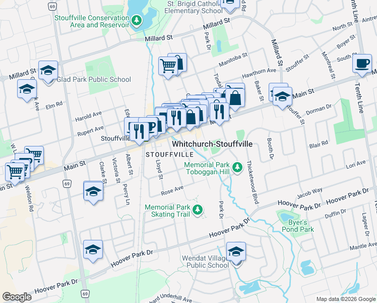 map of restaurants, bars, coffee shops, grocery stores, and more near 42 Somerville Street in Whitchurch-Stouffville