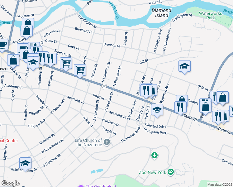map of restaurants, bars, coffee shops, grocery stores, and more near 1129 Boyd Street in Watertown