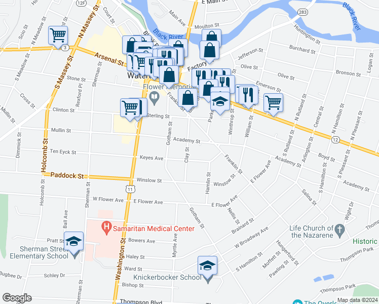 map of restaurants, bars, coffee shops, grocery stores, and more near 419 Clay Street in Watertown