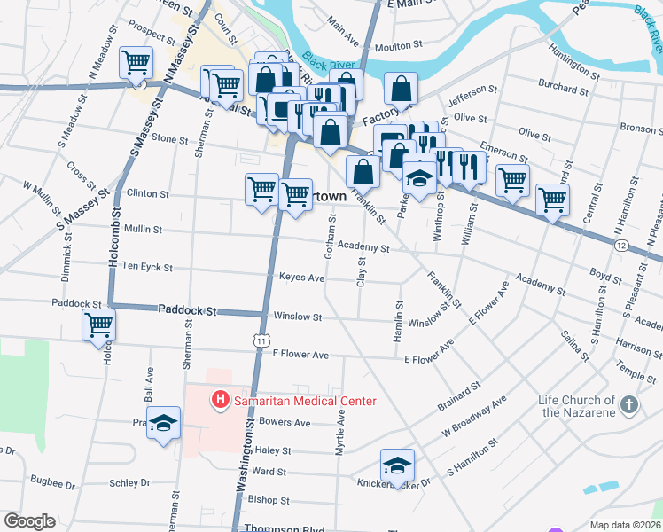 map of restaurants, bars, coffee shops, grocery stores, and more near 423 Gotham Street in Watertown