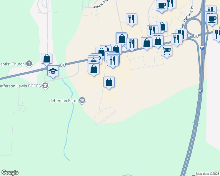 map of restaurants, bars, coffee shops, grocery stores, and more near 21800 Towne Center Drive in Watertown