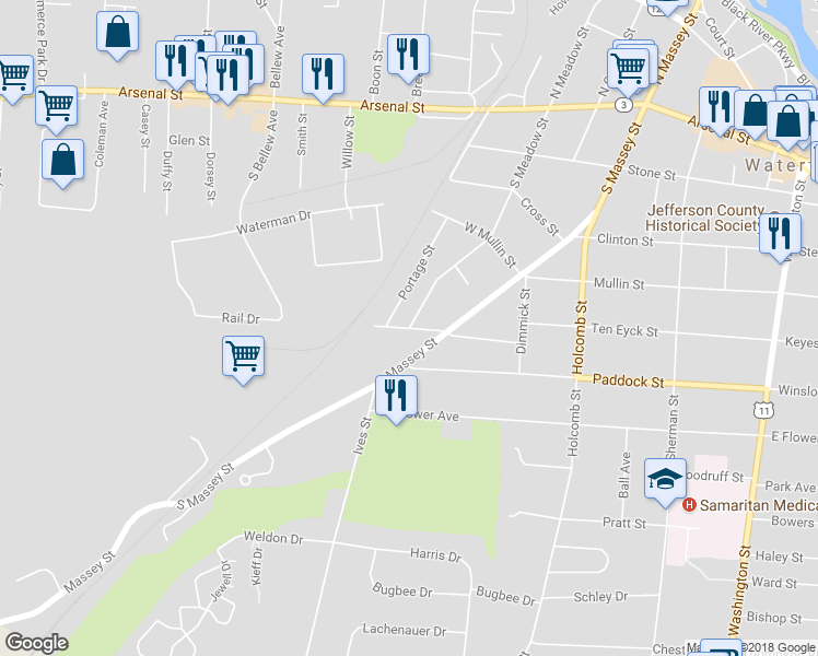 map of restaurants, bars, coffee shops, grocery stores, and more near Meadow Street South & Pine Street in Watertown