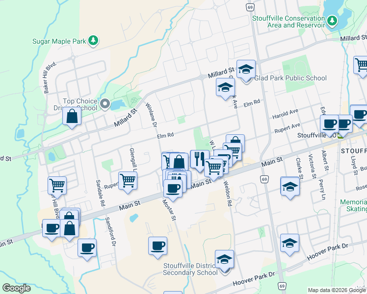 map of restaurants, bars, coffee shops, grocery stores, and more near 481 Rupert Avenue in Whitchurch-Stouffville