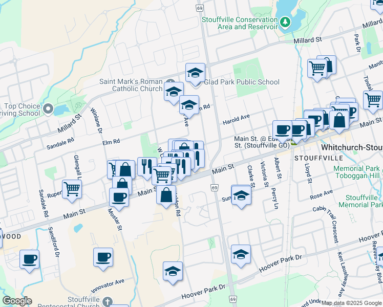 map of restaurants, bars, coffee shops, grocery stores, and more near 27 Winona Drive in Whitchurch-Stouffville