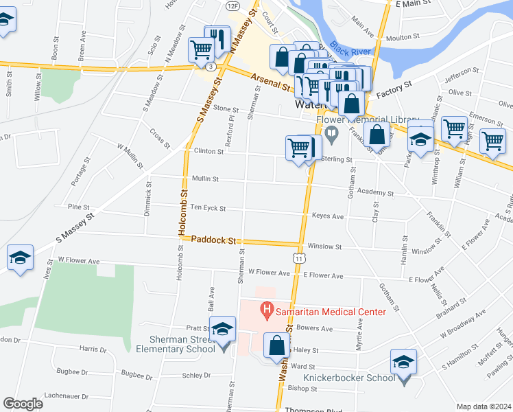 map of restaurants, bars, coffee shops, grocery stores, and more near 165 Ten Eyck Street in Watertown