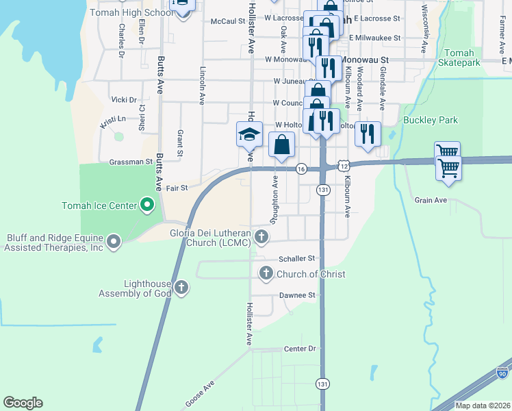 map of restaurants, bars, coffee shops, grocery stores, and more near 1815 Stoughton Avenue in Tomah