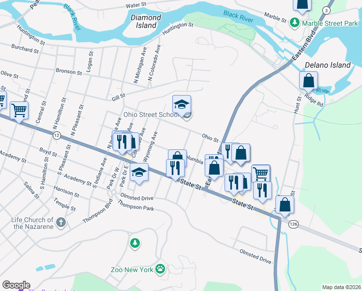 map of restaurants, bars, coffee shops, grocery stores, and more near 217 North Pearl Avenue in Watertown