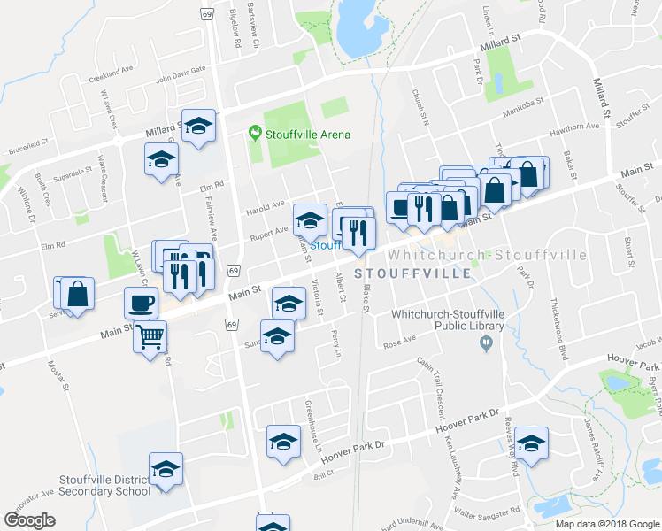 map of restaurants, bars, coffee shops, grocery stores, and more near 6149 Main Street in Whitchurch-Stouffville