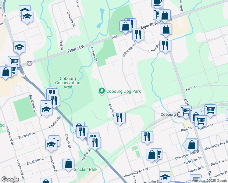 map of restaurants, bars, coffee shops, grocery stores, and more near 841 Battell Street in Cobourg