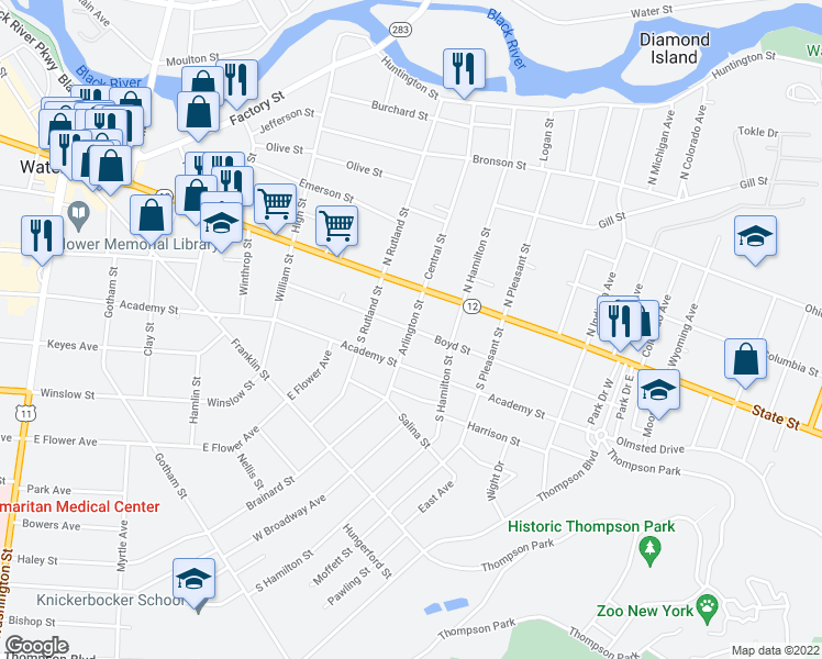 map of restaurants, bars, coffee shops, grocery stores, and more near Boyd St & Arlington St in Watertown