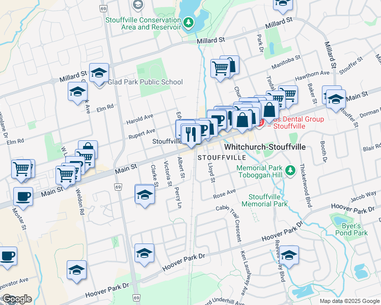 map of restaurants, bars, coffee shops, grocery stores, and more near 6185 Main Street in Whitchurch-Stouffville