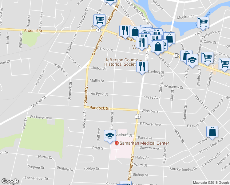 map of restaurants, bars, coffee shops, grocery stores, and more near 172 Ten Eyck Street in Watertown