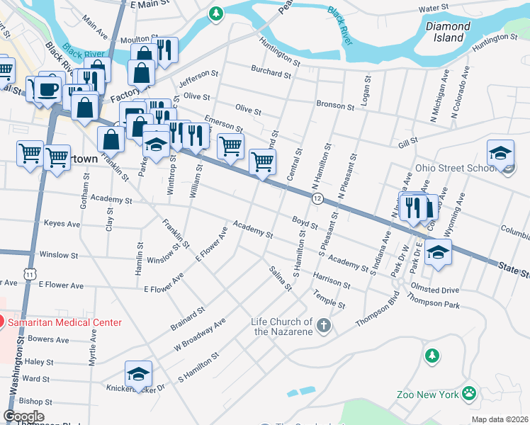map of restaurants, bars, coffee shops, grocery stores, and more near 119 South Rutland Street in Watertown