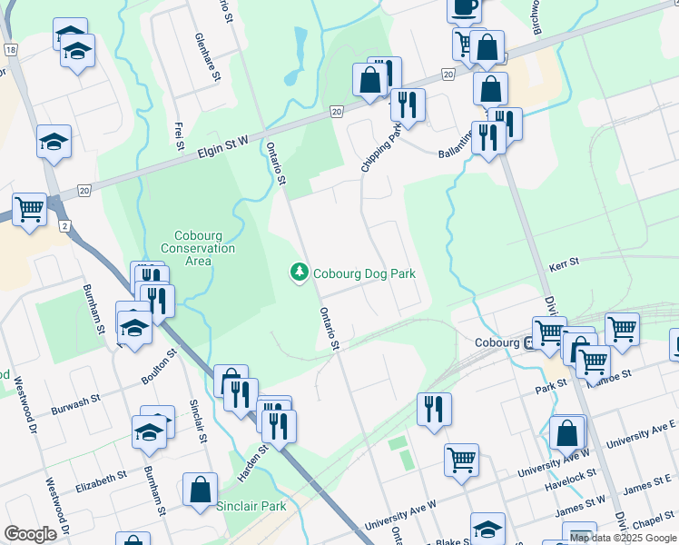 map of restaurants, bars, coffee shops, grocery stores, and more near 841 Battell Court in Cobourg