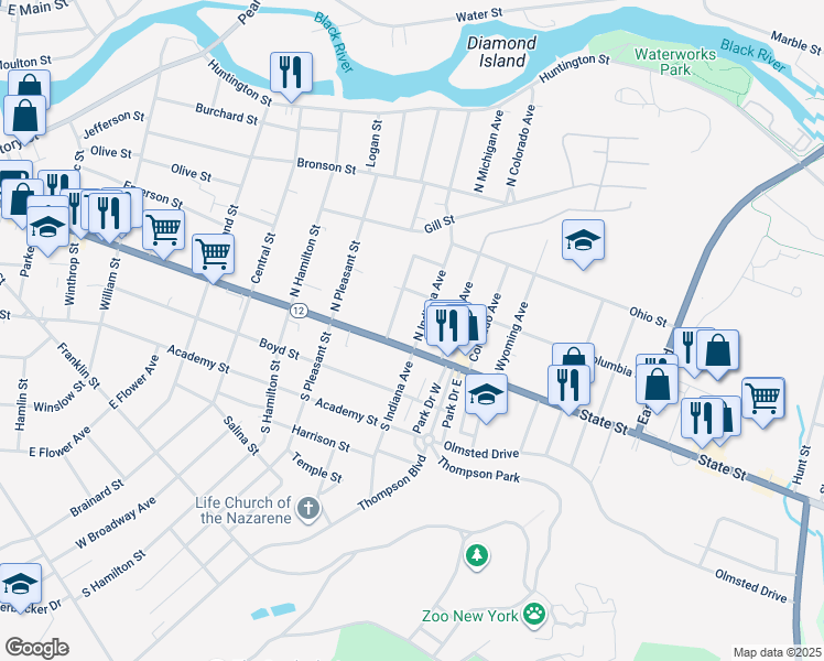 map of restaurants, bars, coffee shops, grocery stores, and more near 125 California Avenue in Watertown