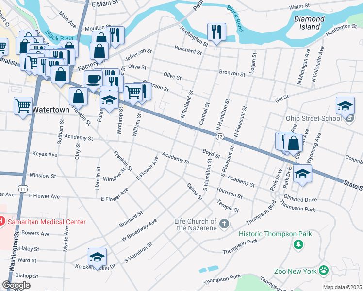map of restaurants, bars, coffee shops, grocery stores, and more near 119 South Rutland Street in Watertown