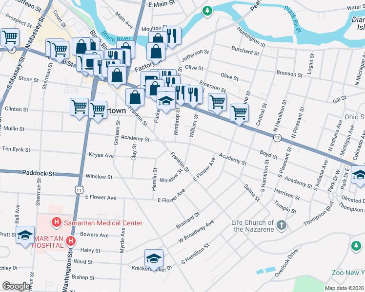 map of restaurants, bars, coffee shops, grocery stores, and more near 512 Academy Street in Watertown