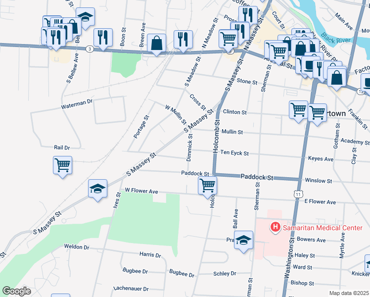 map of restaurants, bars, coffee shops, grocery stores, and more near 432 Dimmick Street in Watertown