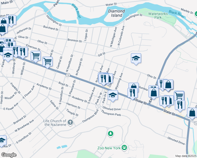 map of restaurants, bars, coffee shops, grocery stores, and more near 190 North Indiana Avenue in Watertown