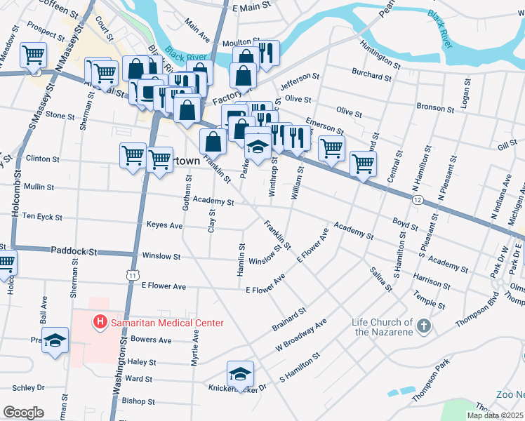 map of restaurants, bars, coffee shops, grocery stores, and more near 409 Academy Street in Watertown