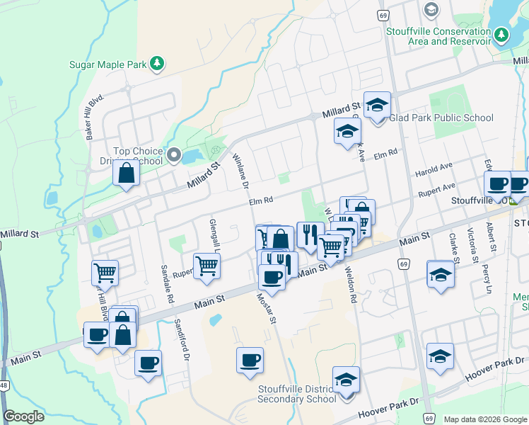 map of restaurants, bars, coffee shops, grocery stores, and more near in Whitchurch-Stouffville