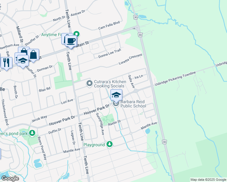 map of restaurants, bars, coffee shops, grocery stores, and more near Grayleaf Drive in Whitchurch-Stouffville