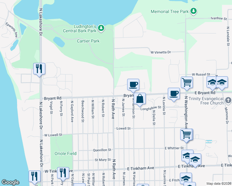 map of restaurants, bars, coffee shops, grocery stores, and more near 1140 North Rath Avenue in Ludington