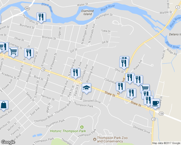 map of restaurants, bars, coffee shops, grocery stores, and more near 207 Wyoming Avenue in Watertown