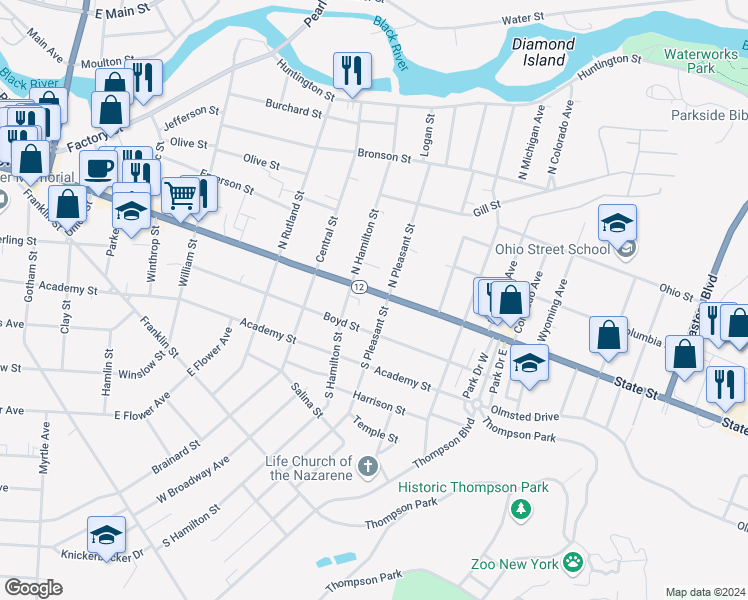 map of restaurants, bars, coffee shops, grocery stores, and more near 1032 State Street in Watertown