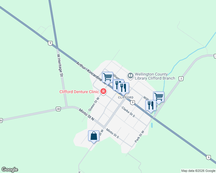 map of restaurants, bars, coffee shops, grocery stores, and more near 57 Elora Street North in Minto