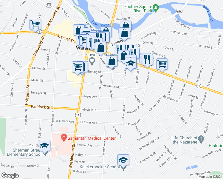 map of restaurants, bars, coffee shops, grocery stores, and more near 400 Clay Street in Watertown
