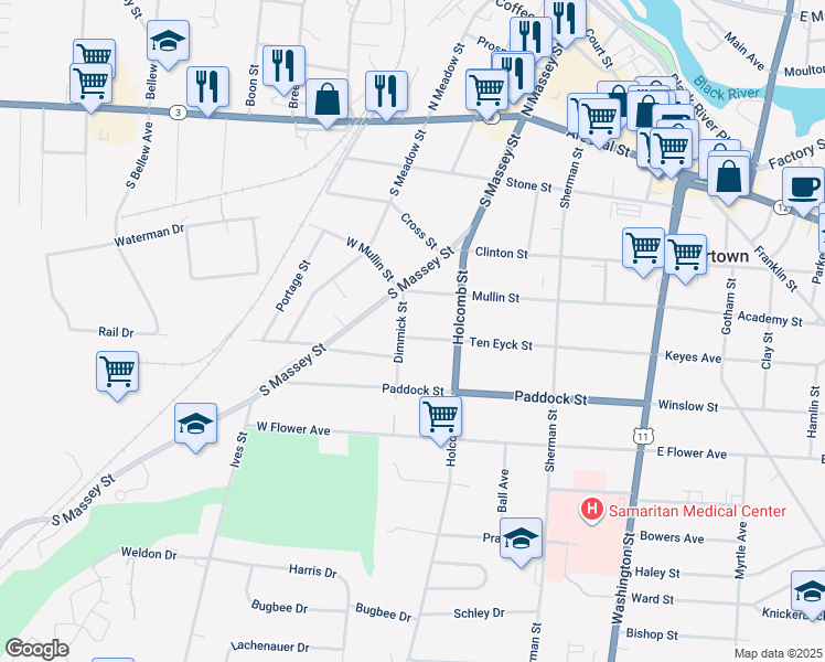 map of restaurants, bars, coffee shops, grocery stores, and more near 415 Dimmick Street in Watertown