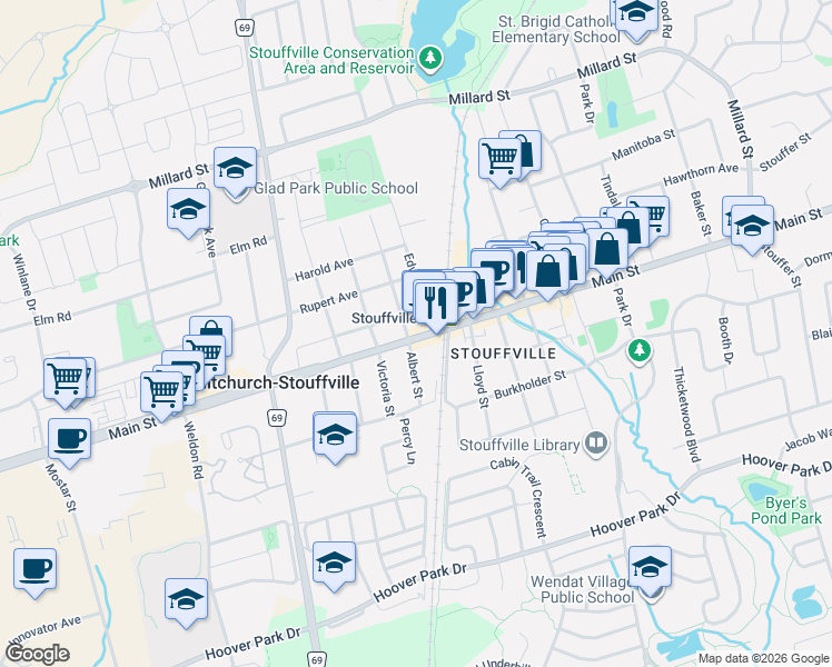 map of restaurants, bars, coffee shops, grocery stores, and more near in Whitchurch-Stouffville