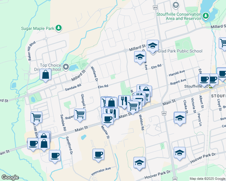 map of restaurants, bars, coffee shops, grocery stores, and more near 481 Rupert Avenue in Whitchurch-Stouffville