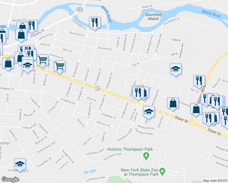 map of restaurants, bars, coffee shops, grocery stores, and more near 1121 State Street in Watertown