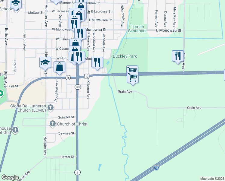 map of restaurants, bars, coffee shops, grocery stores, and more near 625 Grain Avenue in Tomah