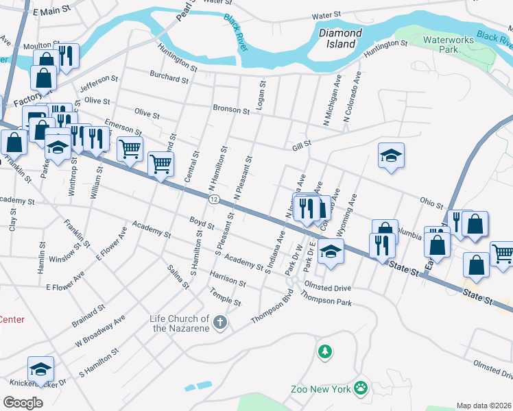 map of restaurants, bars, coffee shops, grocery stores, and more near 1125 State Street in Watertown