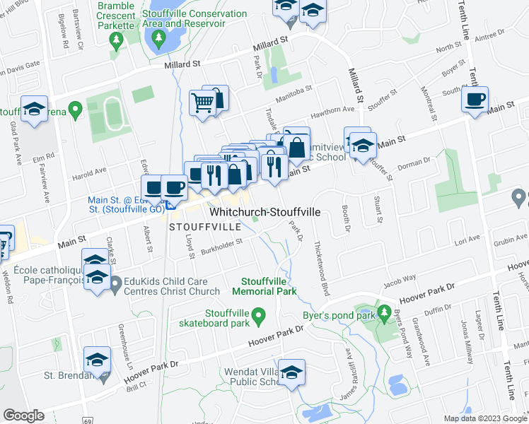 map of restaurants, bars, coffee shops, grocery stores, and more near 25 Joiner Circle in Whitchurch-Stouffville