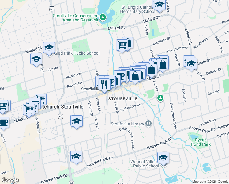 map of restaurants, bars, coffee shops, grocery stores, and more near 6233 Main Street in Whitchurch-Stouffville
